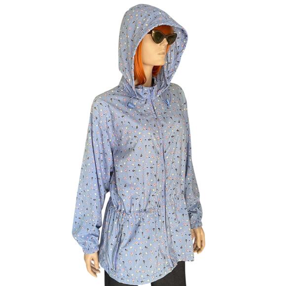 Vintage Northern Reflections Size Med Blue Floral Rain Jacket Hood Windbreaker - Picture 7 of 11